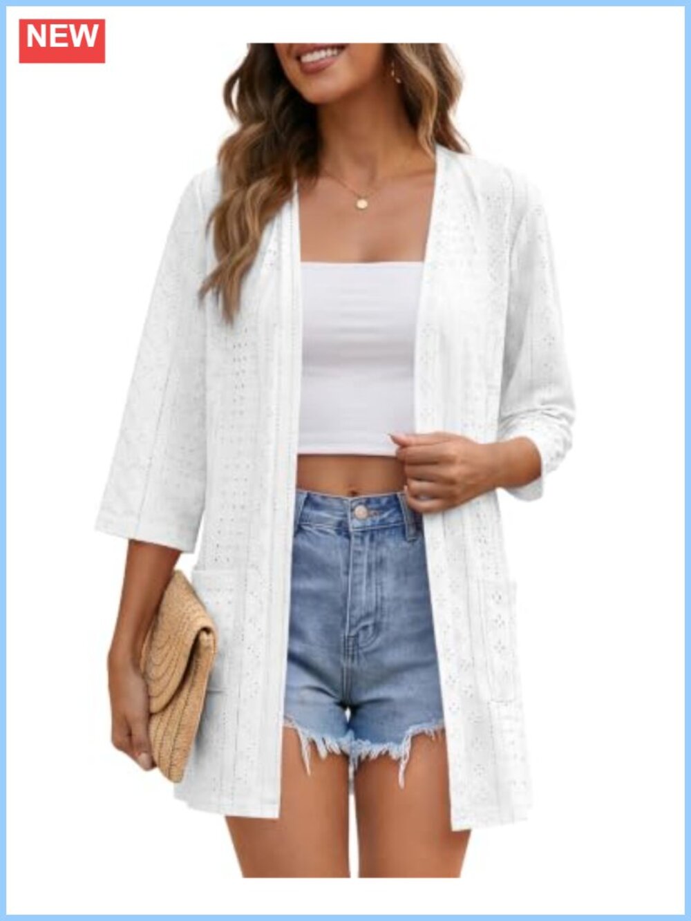 Lightweight Open Front Cardigan 3/4 Sleeve Shrug Casual Pockets